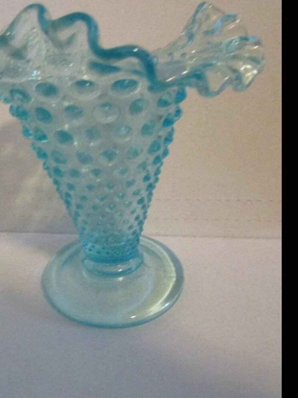 Vint Fenton 5.5” Hobnail Pattern Crimped Ruffled Top Vase Clear Pale Turquoise